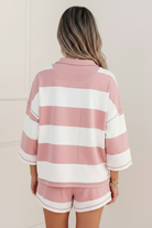 Back - Smooth HairWomen’s striped matching set with relaxed half-zip top and high-stretch shorts for a comfortable casual outfit