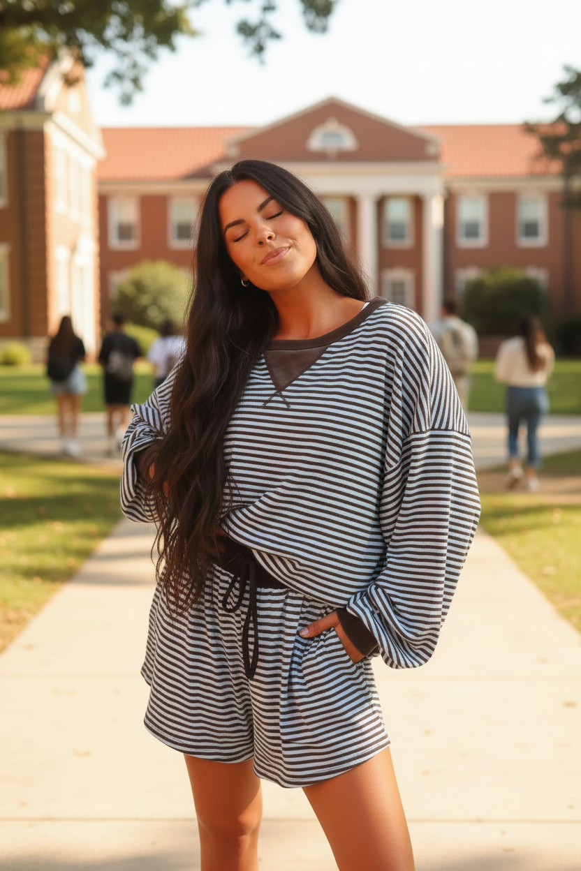 Dark brunette model wearing brown stripe oversized long sleeve top and matching drawstring shorts - three-quarter playful pose outdoors on college campus