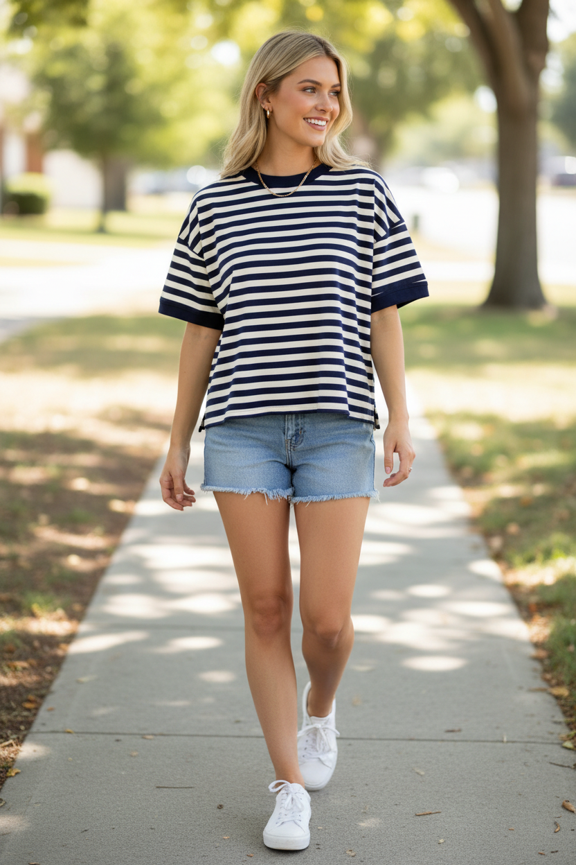 navy ivory oversized stripe short sleeve top with denim cutoff shorts and white sneakers on sunny sidewalk