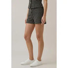 Women's striped button-front shorts, high-rise tailored silhouette with comfortable stretch waistband, sold separately as part of a matching two-piece set