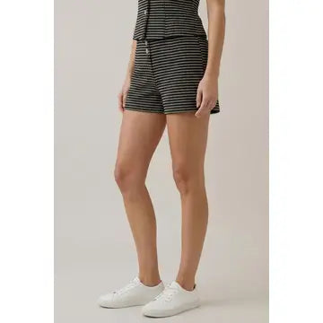 Women's striped button-front shorts, high-rise tailored silhouette with comfortable stretch waistband, sold separately as part of a matching two-piece set