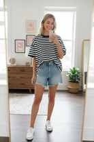 Oversized navy and ivory striped short sleeve top with relaxed fit