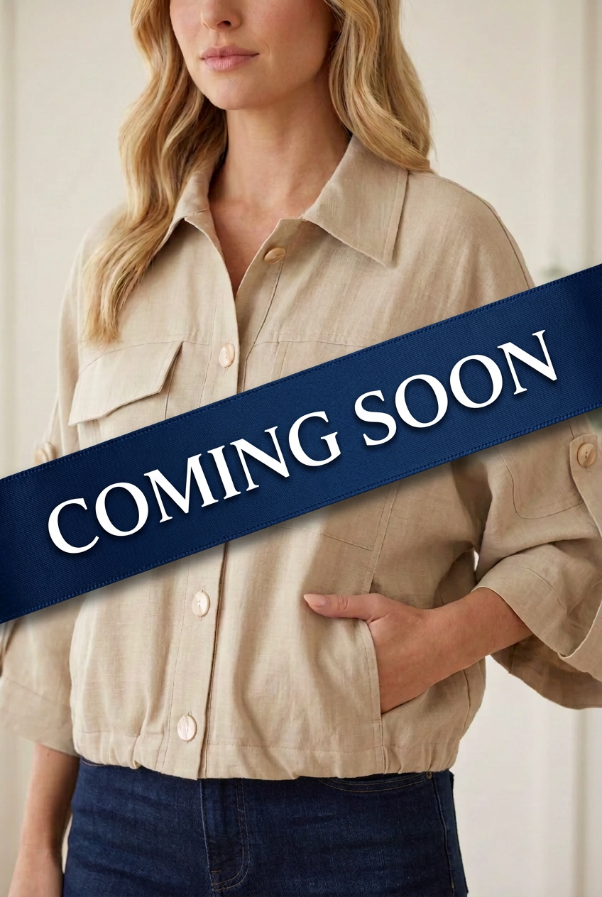 Taupe, full-length front: Entro taupe lightweight utility jacket with button front and flap chest pocketsront detail with dark denim