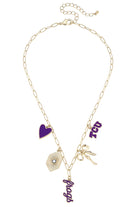 Official TCU Horned Frogs gameday charm necklace with layered team charms on a shiny gold paperclip chain, designed for bold purple and white fan style