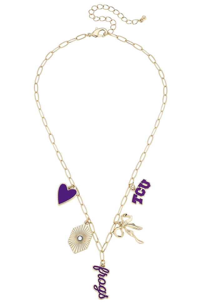 Official TCU Horned Frogs gameday charm necklace with layered team charms on a shiny gold paperclip chain, designed for bold purple and white fan style