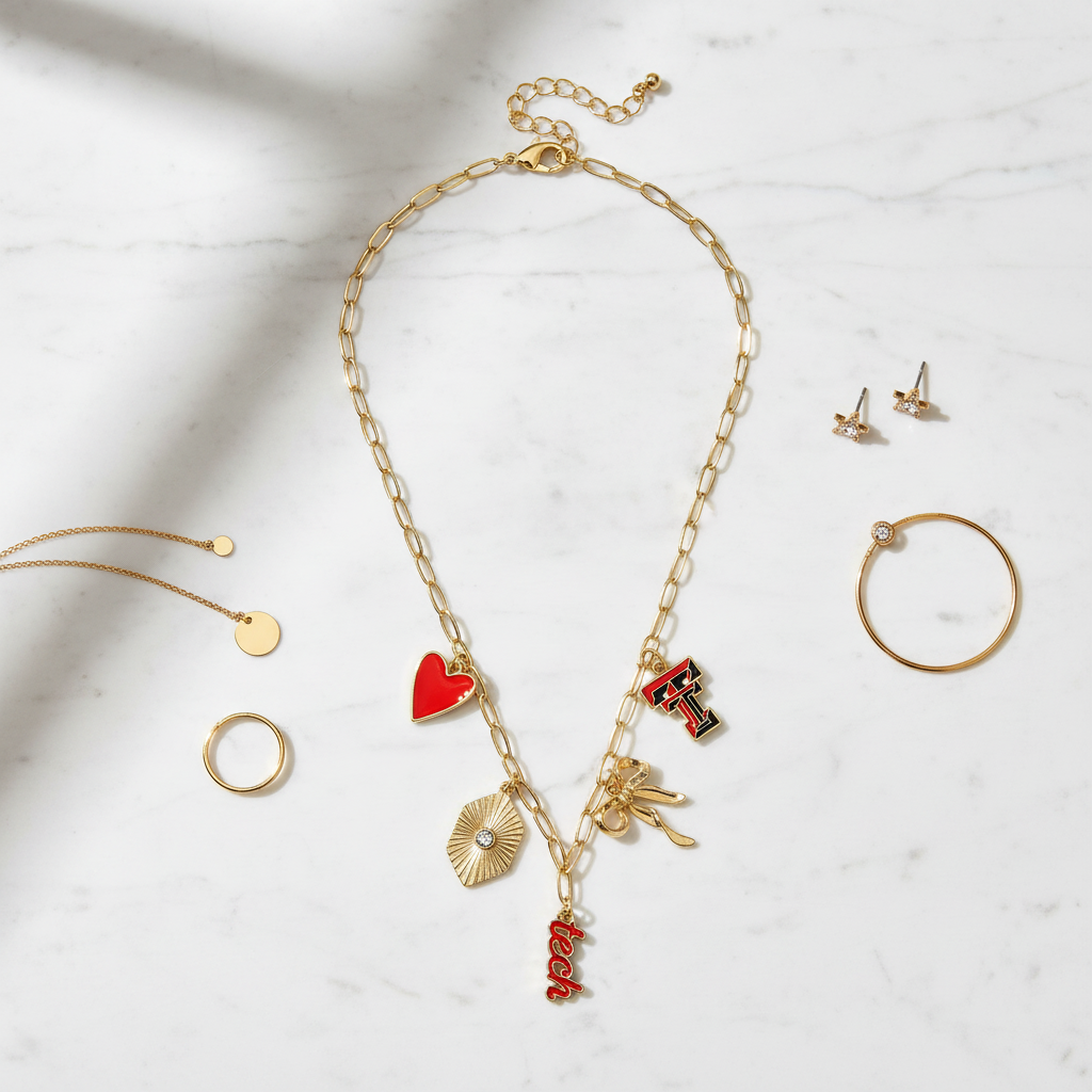 Texas Tech Red Raiders Paper Clip Charm Necklace - flat lay on white marble with gold accents