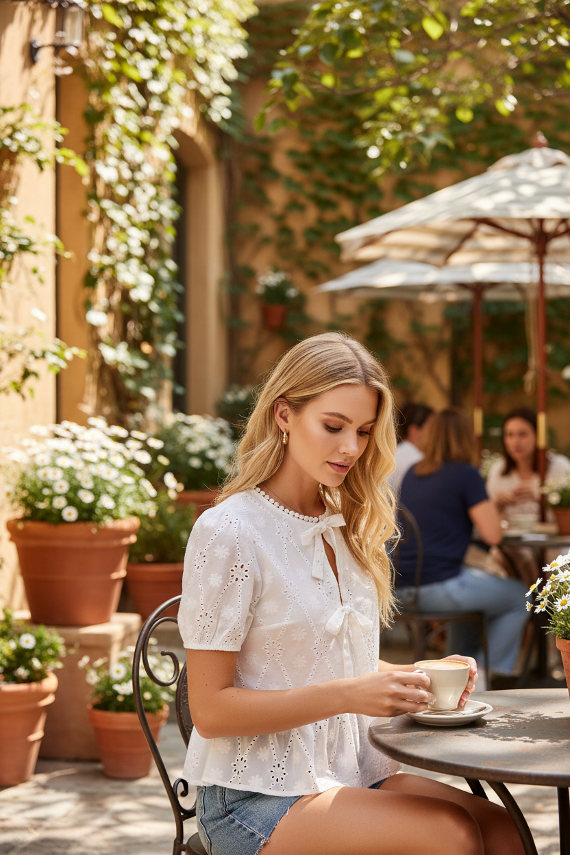 Thread Bar Boutique women’s white eyelet top with short sleeves and breathable 100% cotton fabric for warm weather styling.