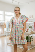 Umgee mix floral tiered mini dress with contrast placket and ruffle hem