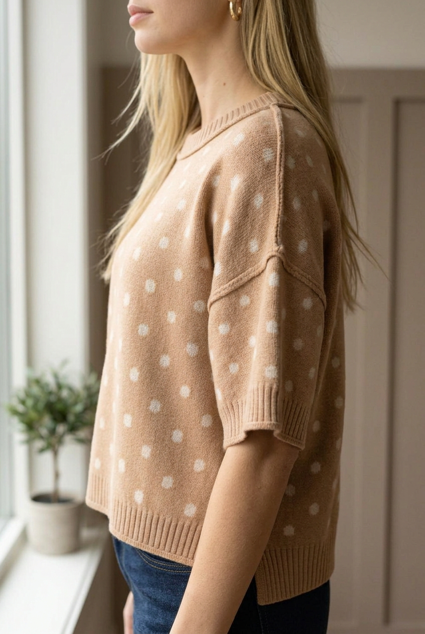 Close-up of a camel polka dot sweater knit top showing the soft knit texture, cream polka dot print, and exposed drop shoulder seam detail
