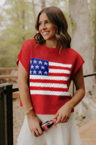Patriotic red short sleeve sweater with USA flag print and crew neckline