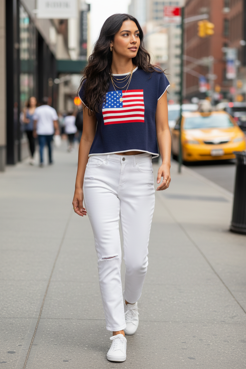 USA Flag Sweater Tank - urban walk lifestyle, brunette model with long hair, white jeans, gold jewelry