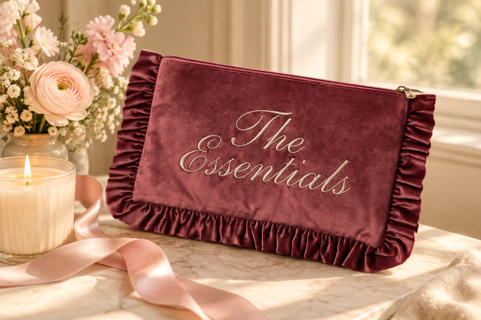 The Essentials velvet ruffle makeup bag styled as a feminine gift