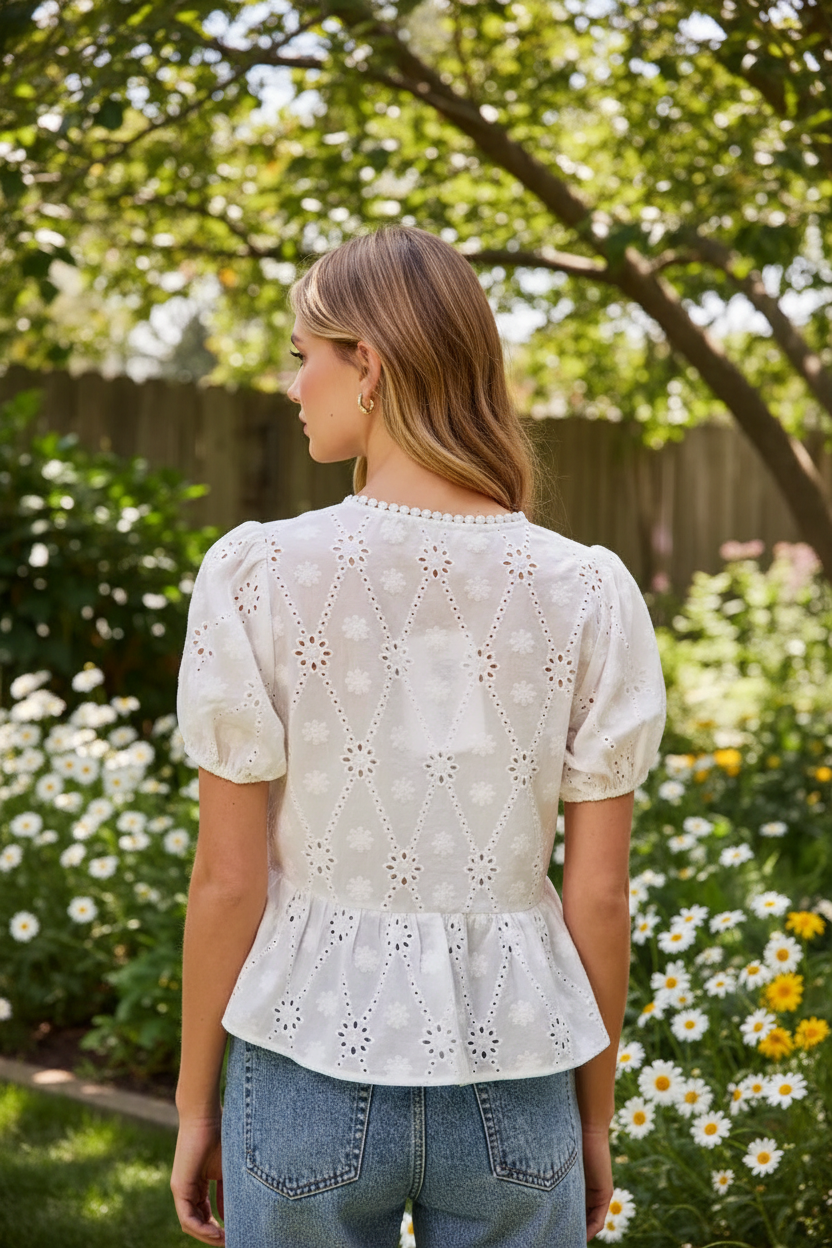 White eyelet peplum top back view outdoor