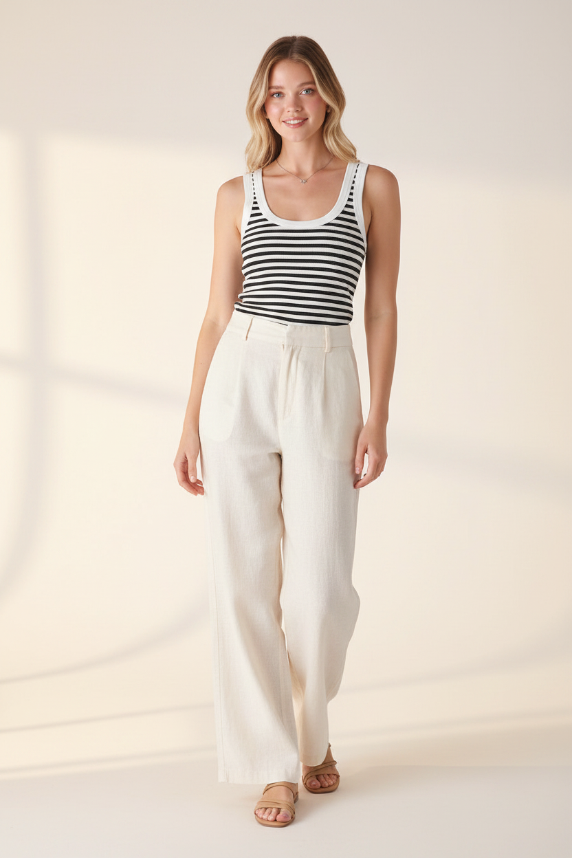 Nikibiki white black striped ribbed tank top - styled with linen trousers and strappy sandals