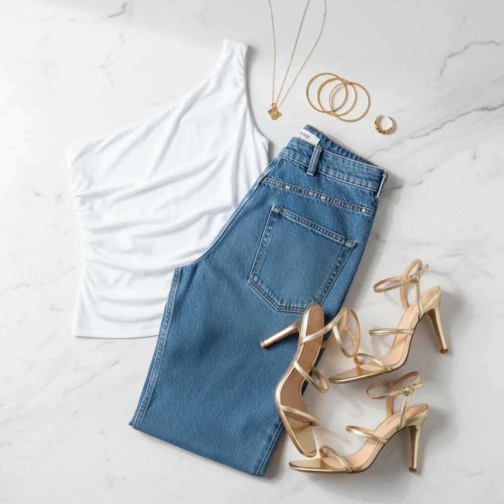 Trendy off-shoulder asymmetrical blouse with stretchy fabric and second-skin feel for day or night styling flat lay