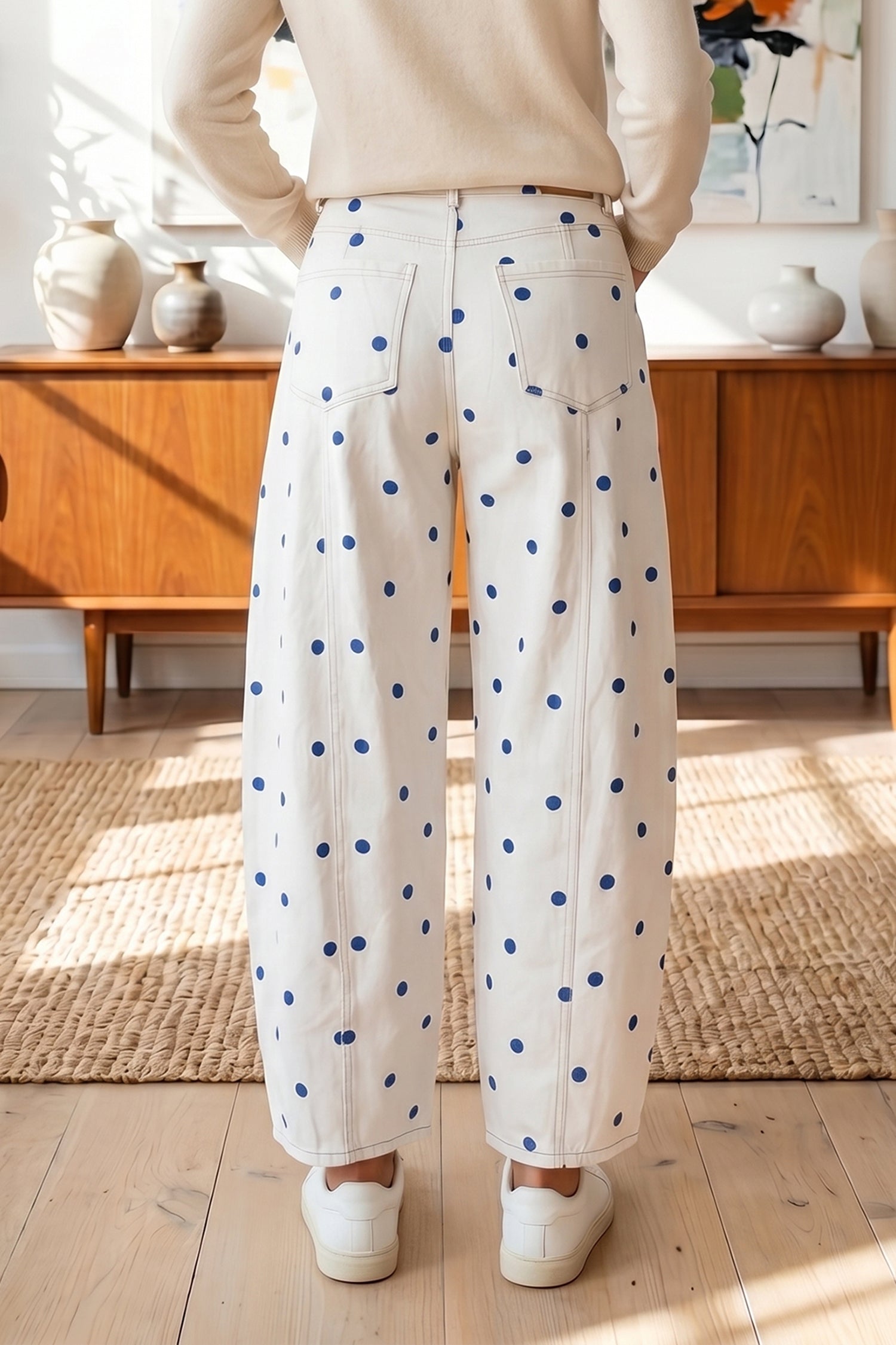 white barrel jeans with blue polka dot print