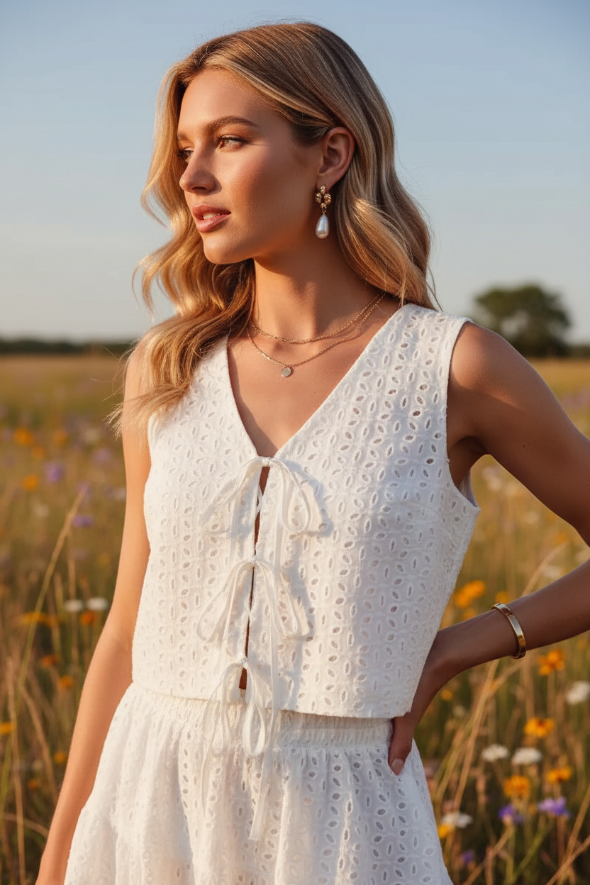 Feminine white eyelet lace matching set from Thread Bar Boutique, vest top with tie detail paired with a tiered mini skirt