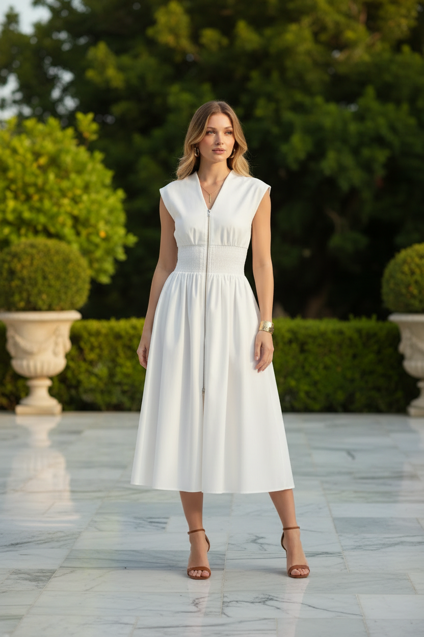 Brunette model wearing white zip front smocked waist midi dress with full A-line skirt, front-facing full body shot on marble terrace with lush greenery, elevated boutique lifestyle photo