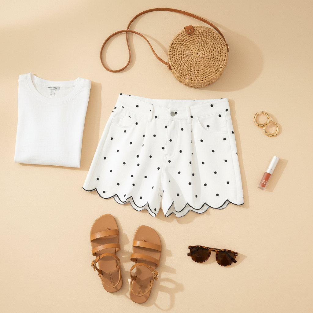 Styled flatlay of white polka dot scallop hem shorts with complete summer outfit — white crop tee, strappy sandals, straw bag, gold hoops, and sunglasses