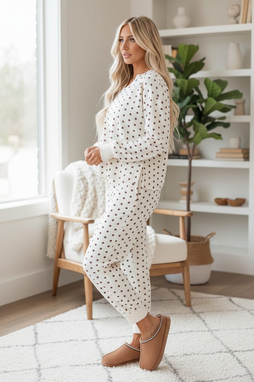 Side view of white polka dot waffle knit lounge set showing long sleeve top and matching jogger pants — Thread Bar Boutique