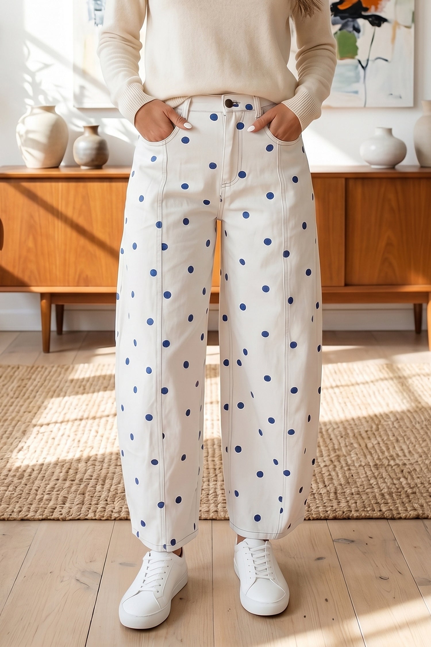 white with blue polka dot barrel jeans