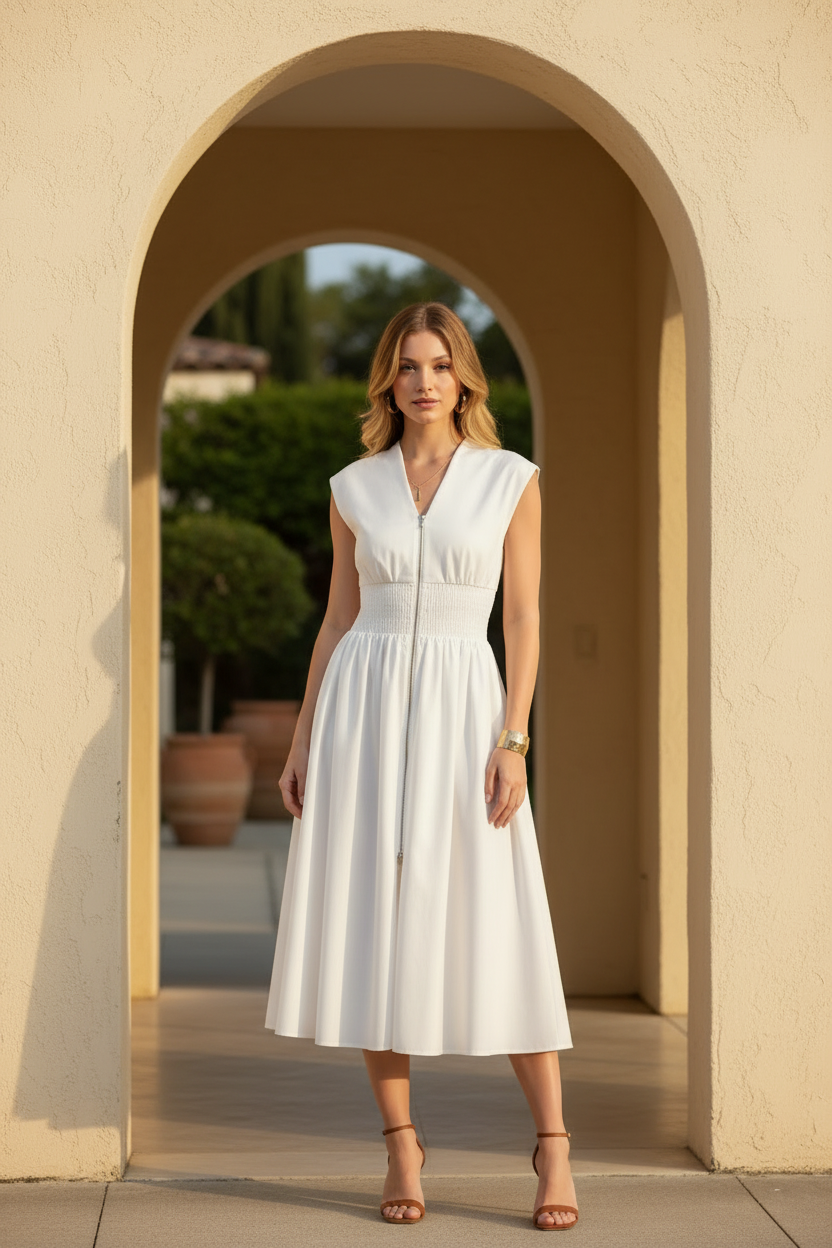 white zip front smocked waist midi dress standing in sunlit villa doorway, full body front-facing shot, tan strappy heeled sandals, elevated boutique lifestyle photo