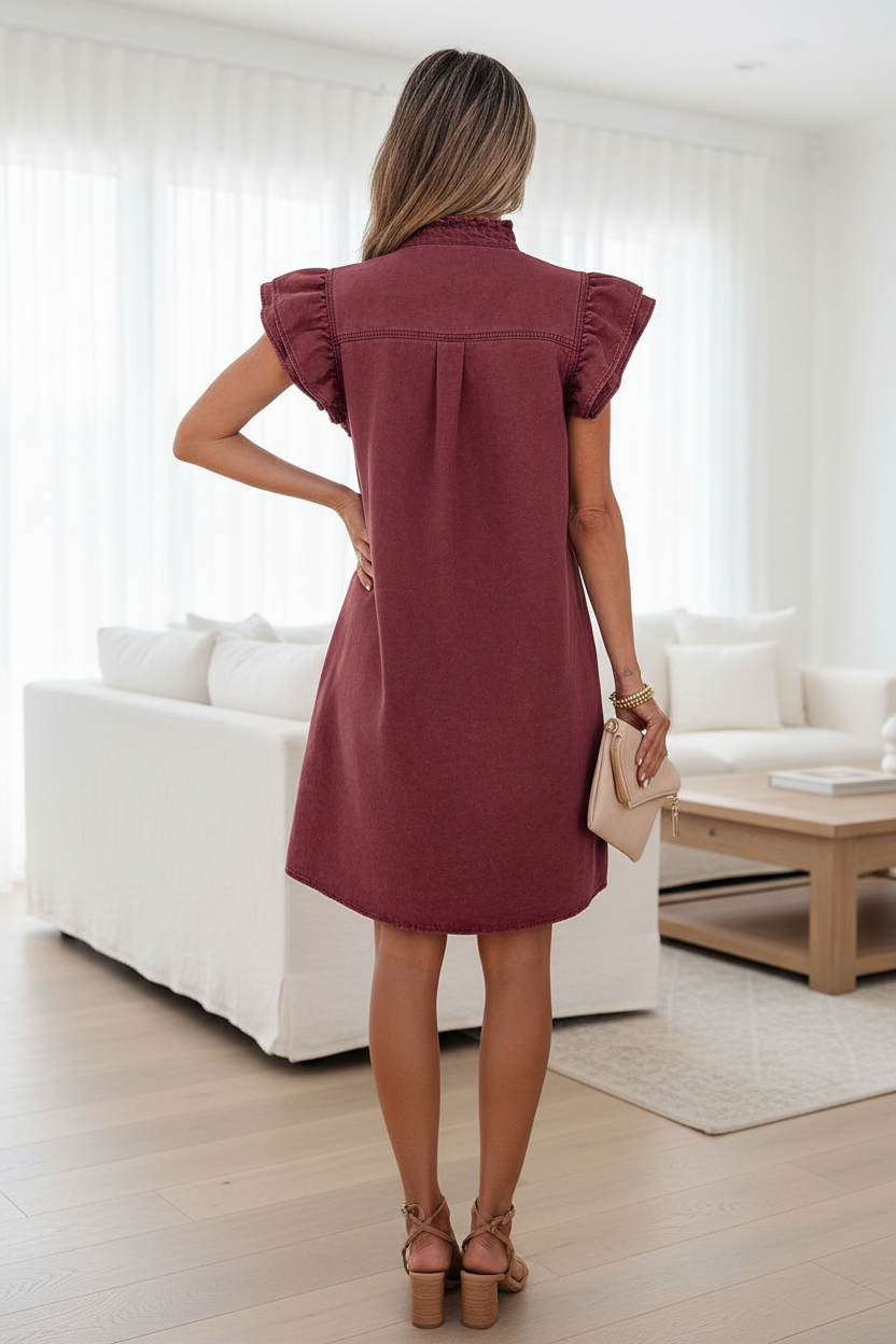 red sandalwood wine colored ruffle sleeve denim mini dress back view living room