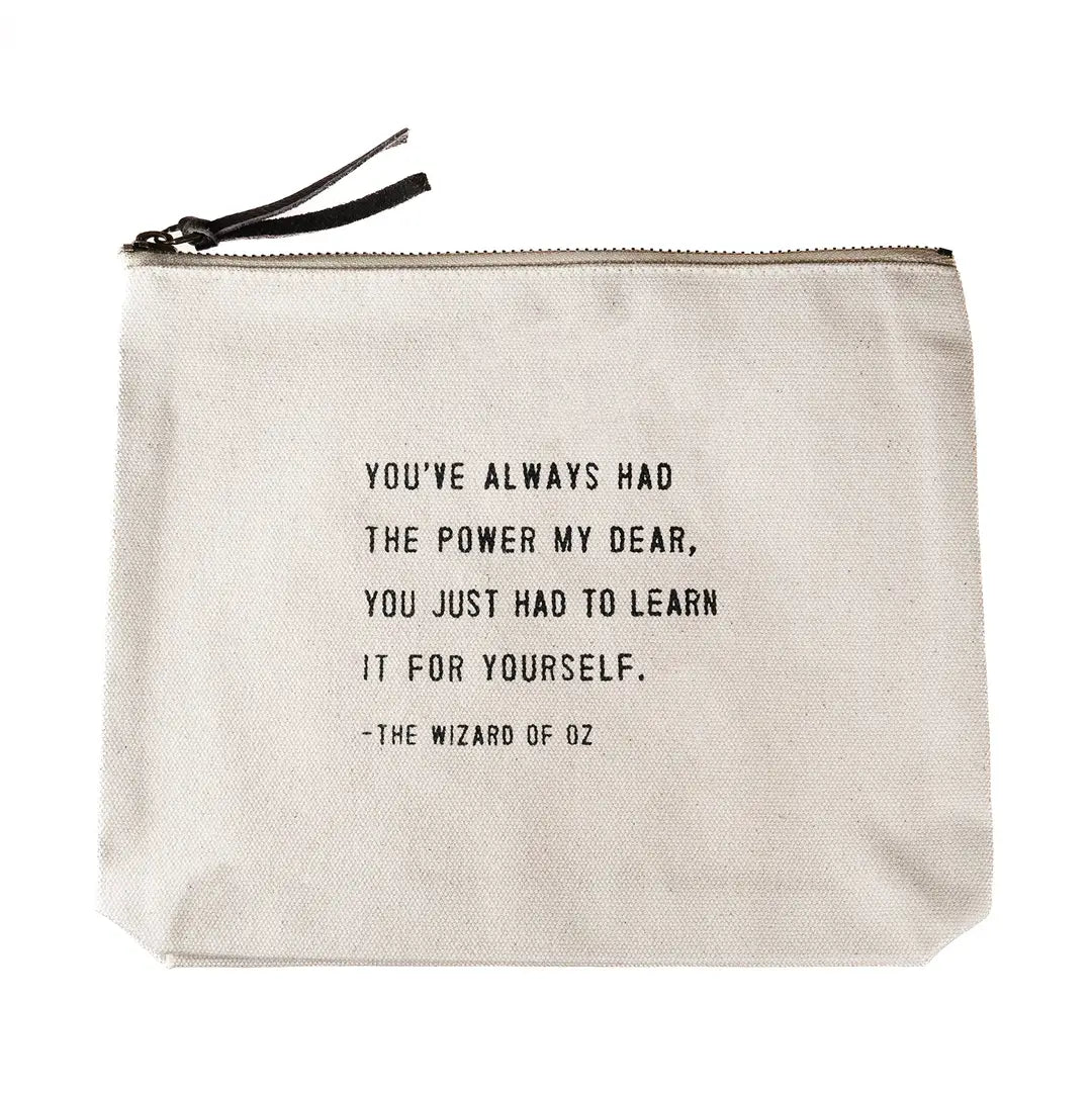 Canvas zip pouch with inspirational quote, leather zipper pull, and durable fabric for makeup, travel, or everyday organization sugar boo and co