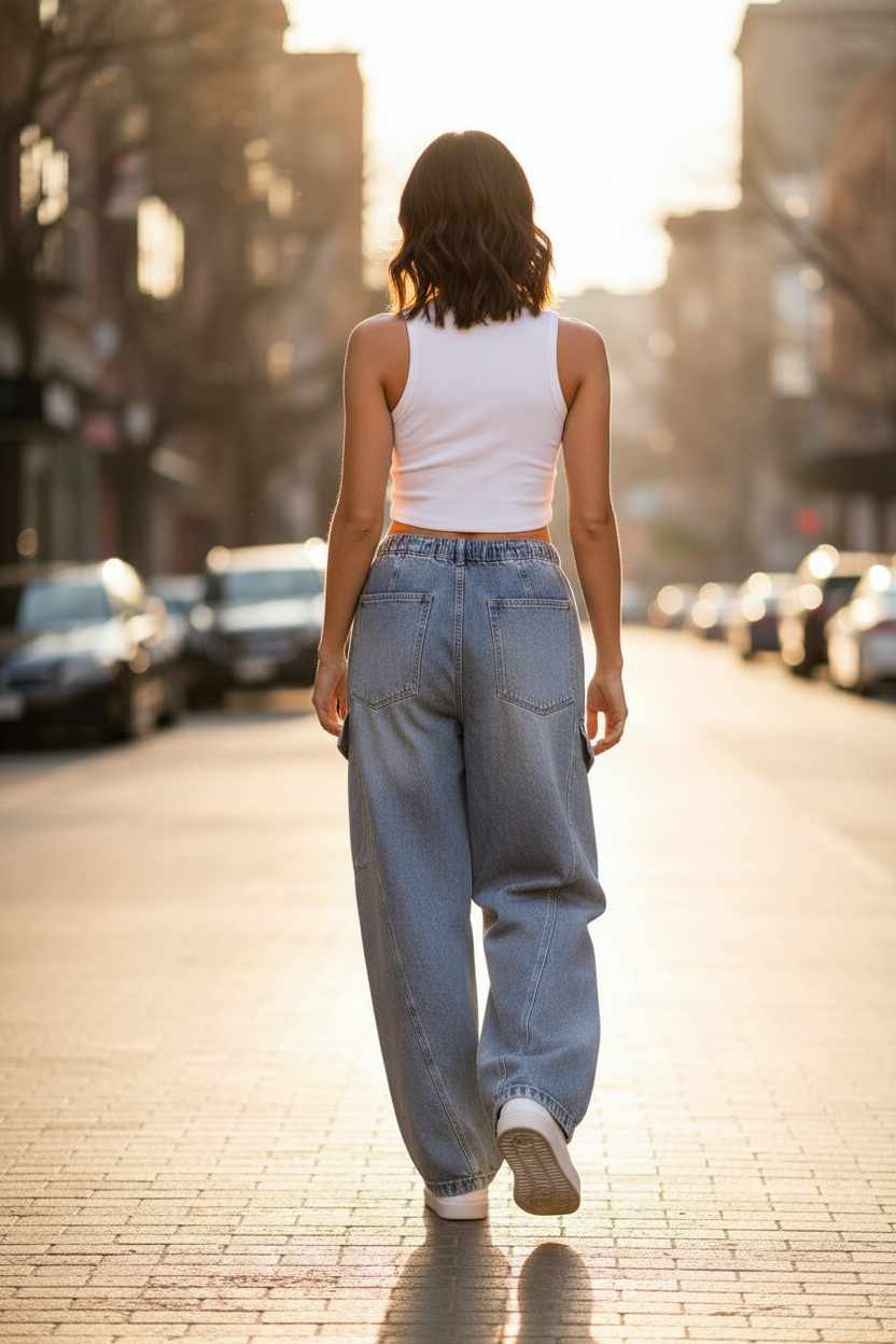 Women’s barrel leg cargo jeans with functional pockets and stretch denim