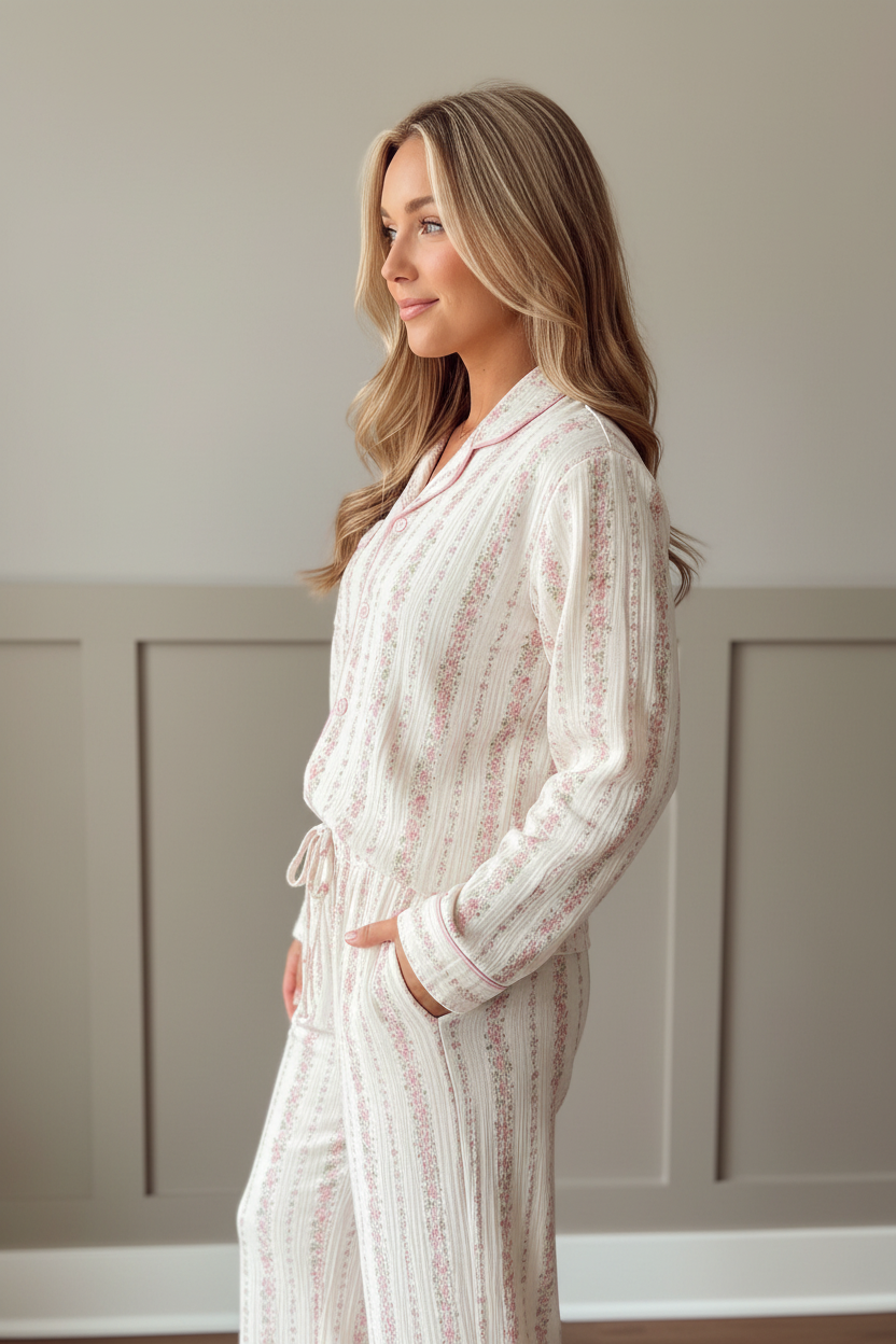 Pink floral print long sleeve pajama shirt with notch collar and button front detail, side profile view showing relaxed silhouette and full-length pant