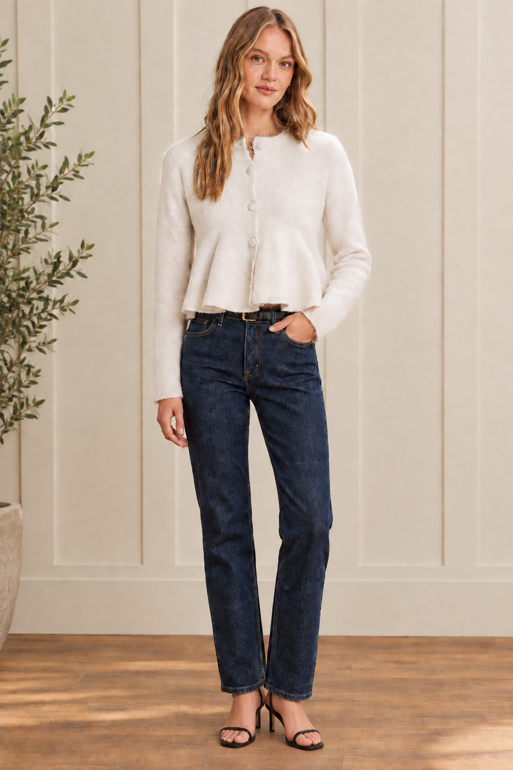 Thread Bar Boutique wool-blend peplum cardigan with fitted bodice, flared peplum hem, self-covered buttons, classic round neckline, and slightly cropped length for polished everyday women's fashion.